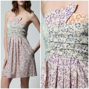 see by Chloe mini dress size 6 floral patchwork strapless pleated preppy cotton